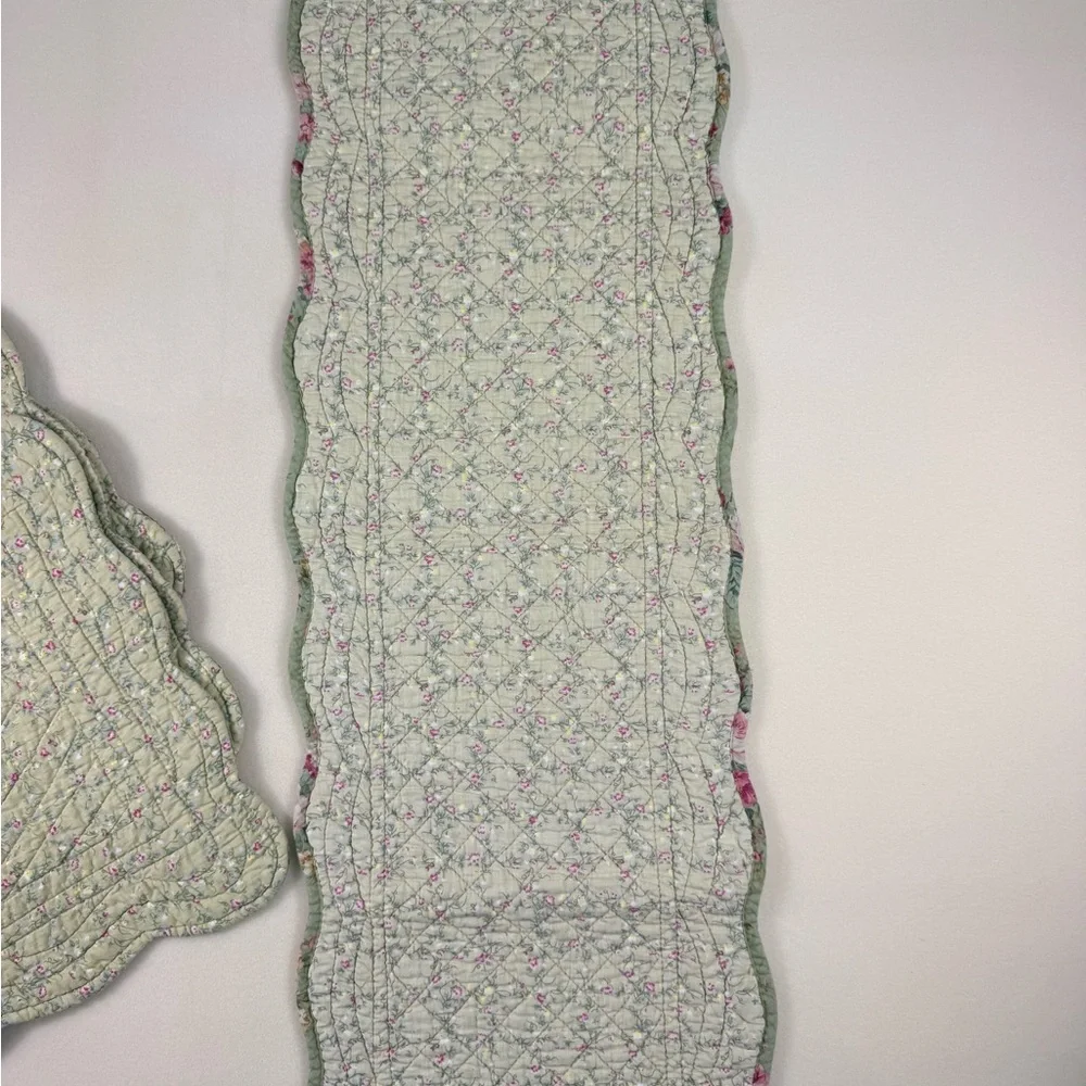Floral Quilted Reversable Table Runner and Placemat Set in Sage Green